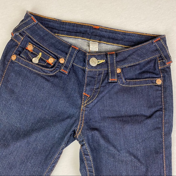 True Religion Becky Raw Edge Hem Dark Wash Flap Pocket TR Logo Bootcut Jeans - Picture 3 of 13